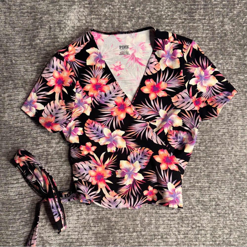 Victoria's Secret Pink Tropical Floral Cropped Wrap Top Blouse Beachy L